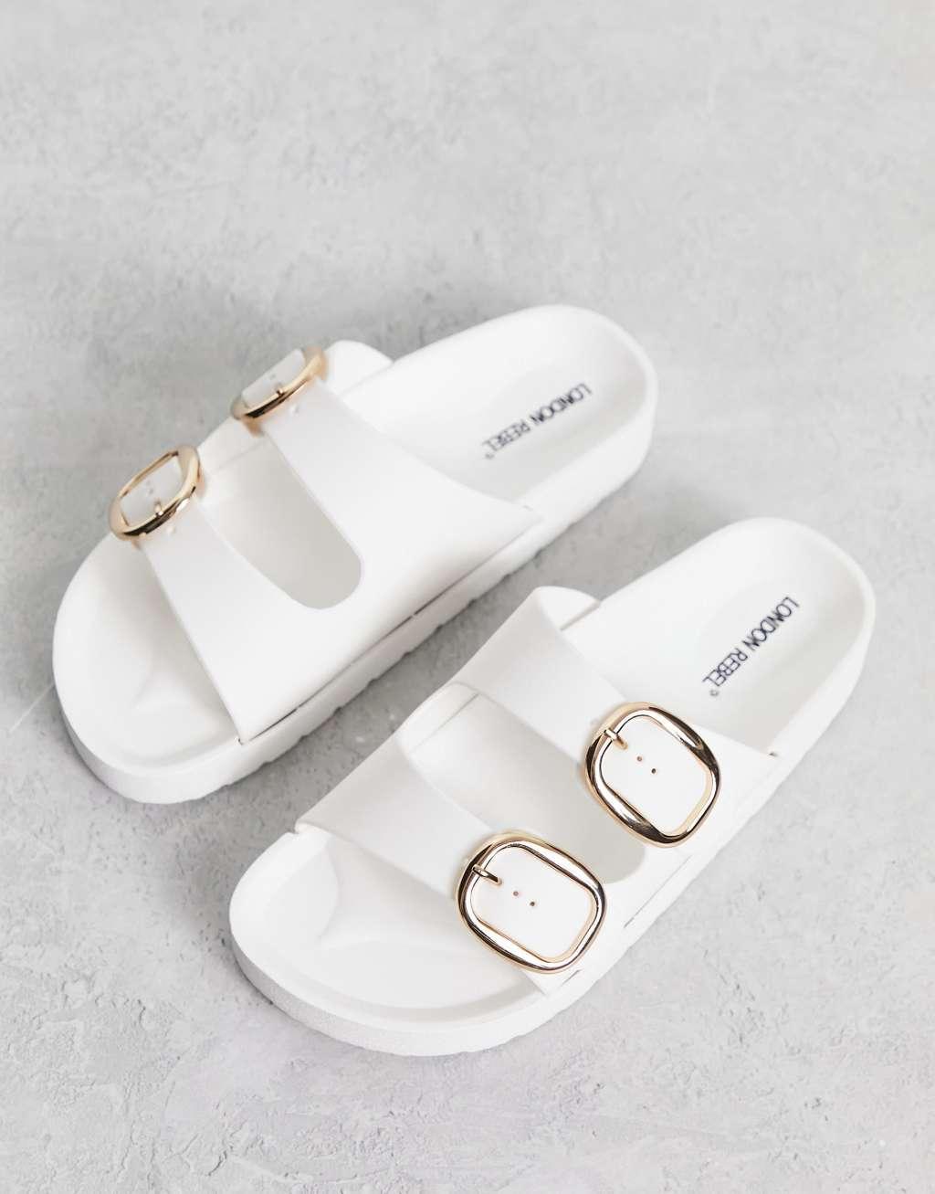 London Rebel double buckle footbed sandals in white Product Image