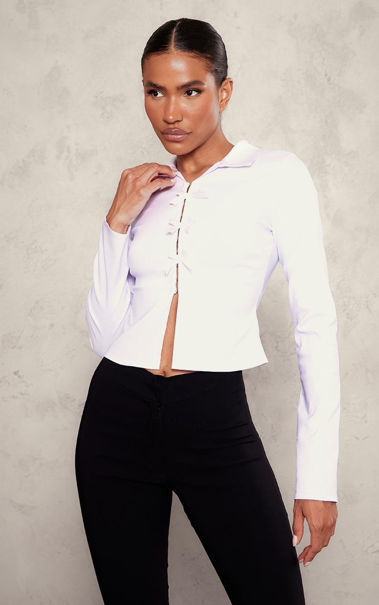 White Bow Detail Hook & Eye Long Sleeve Top Product Image