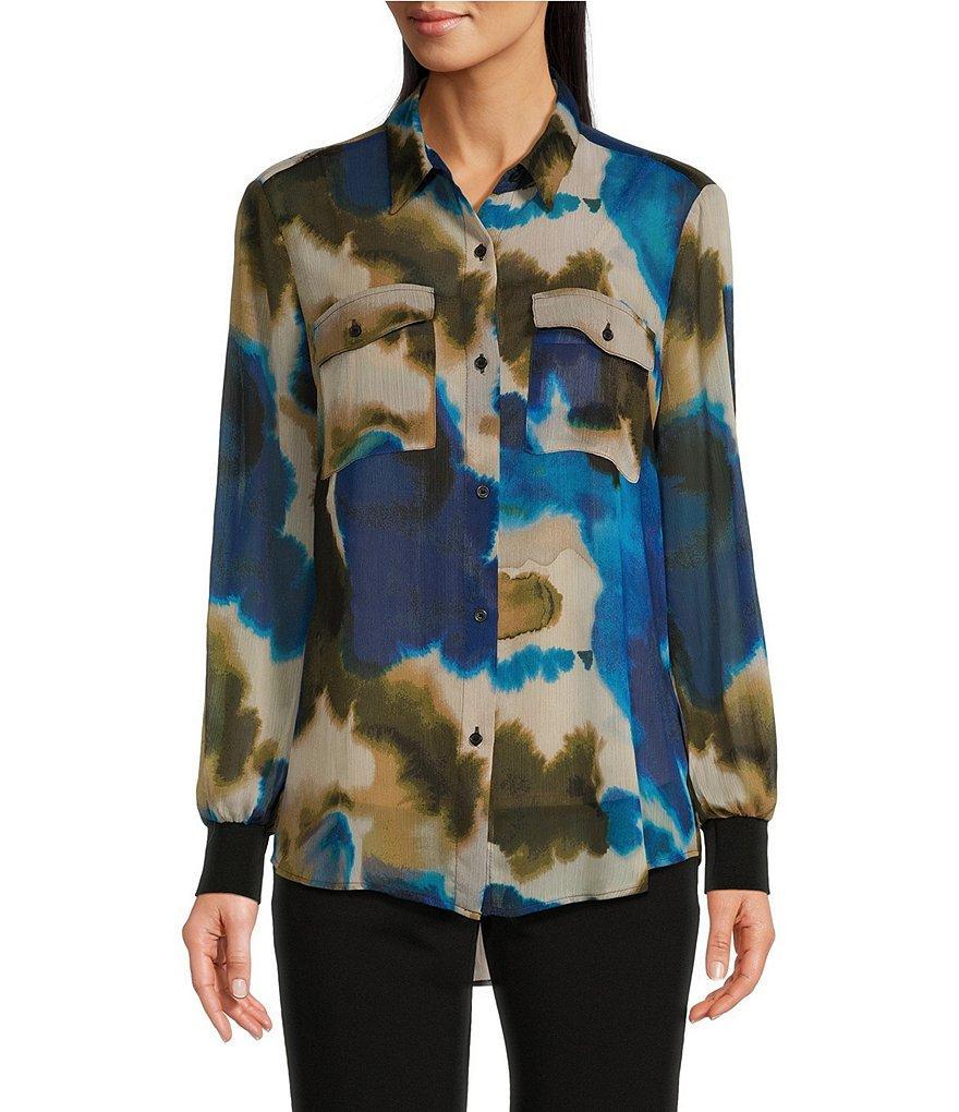 DKNY by Donna Karan Crinkle Chiffon Long Sleeve Collared Button Front Blouse Product Image