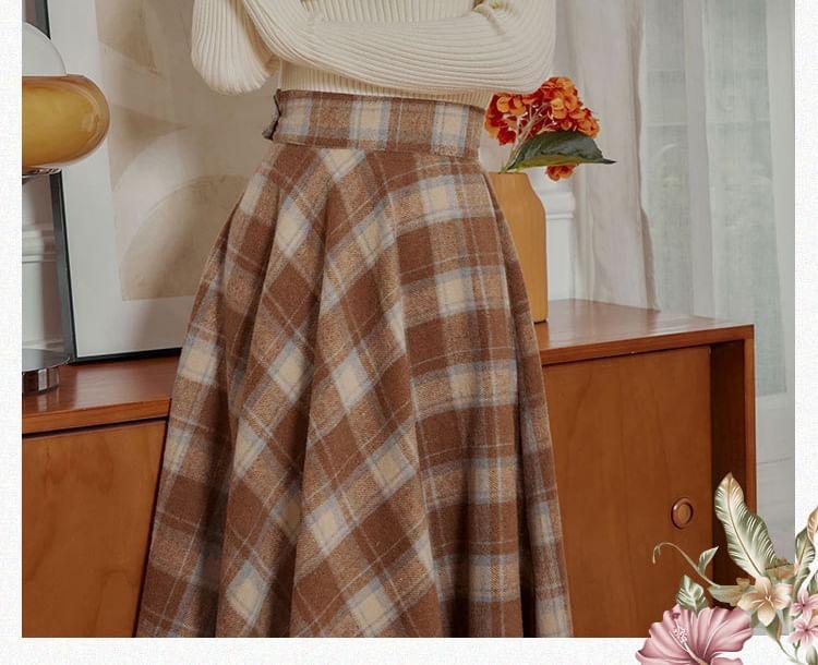 Set: Long-Sleeve Mock Neck Plain Knit Top + High Rise Plaid Midi A-Line Skirt Product Image