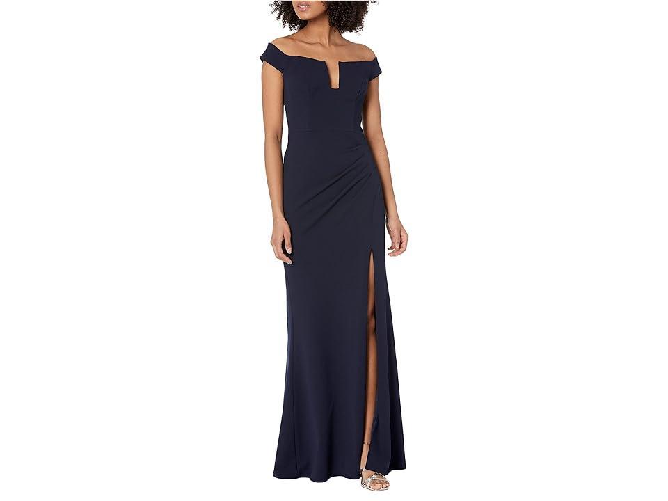 XSCAPE Long Off-the-Shoulder Scuba Crepe U-Front Dress Women's Dress Product Image