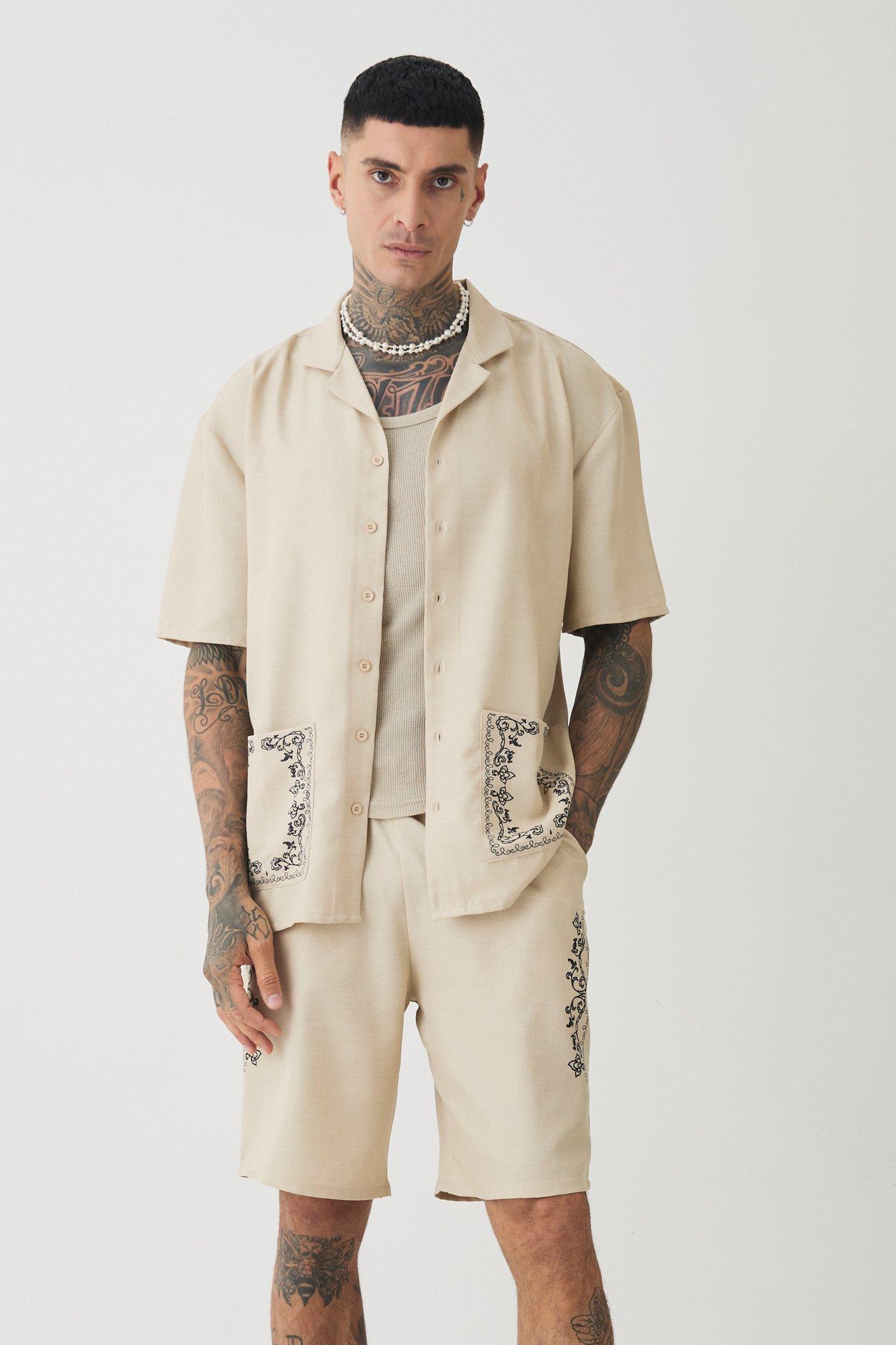 Tall Pocket Detail Smart Linen Look Shirt & Short Set | boohooMAN USA product image