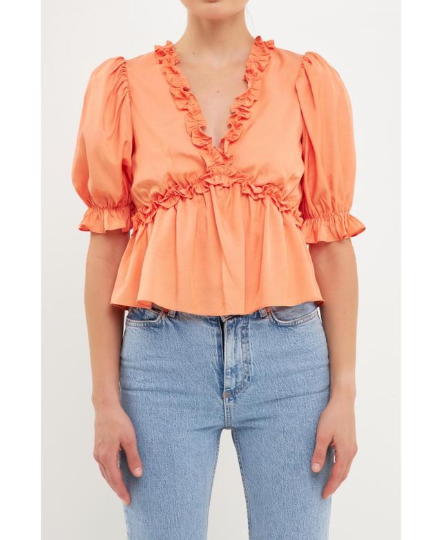 endless rose Womens Ruffle Detail Top with Puff Sleeves Product Image