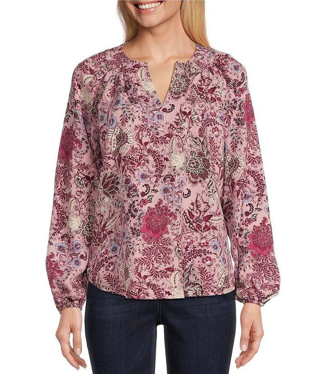 Westbound Batik Mauve Print Long Sleeve V-Neck Embroidered Top Product Image