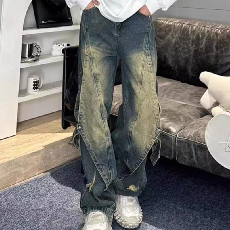 Retro Heavy-Duty Distressed Washed Patchwork Jeans Product Image