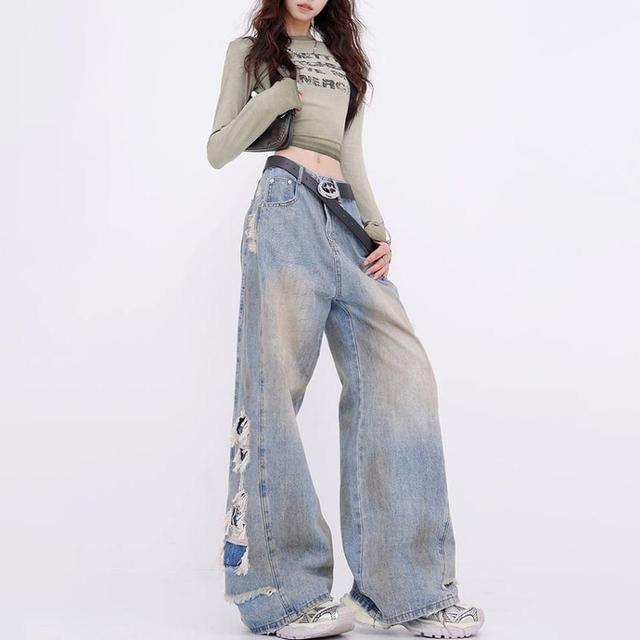 Mid Rise Distressed Washed Wide Leg Jeans Product Image