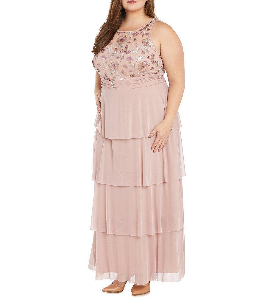 R & M Richards Plus Size Chiffon Sleeveless Embellished Sequin Illusion Sweetheart Neck Tiered Skirt A-Line Dress Product Image