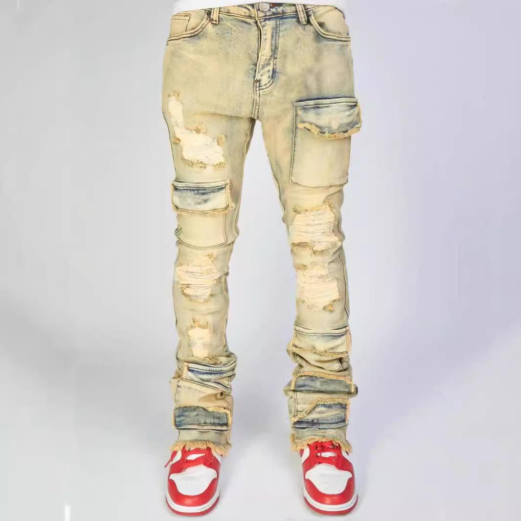 Men's Hiphop Fashion Stretch Ripped Denim Layered Jeans Product Image