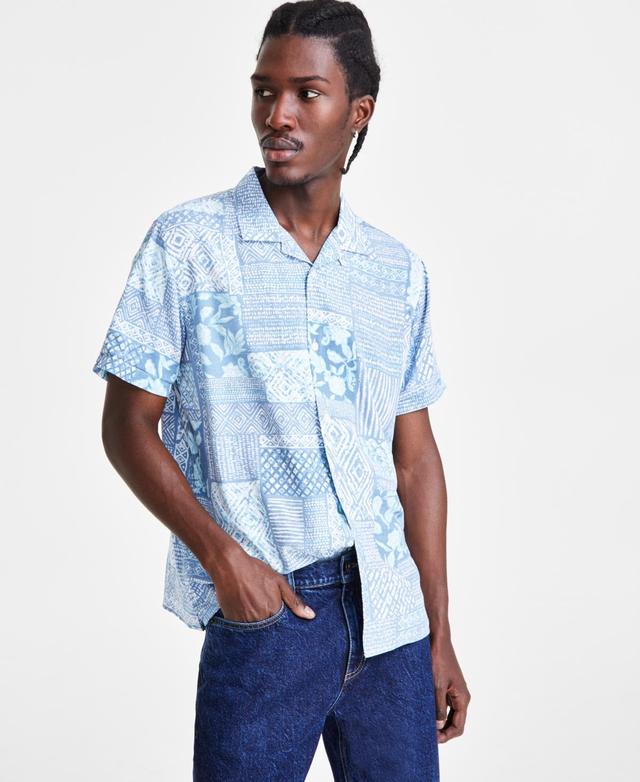 Sun + Stone Mens Cooper Short Sleeve Button-Front Ikat Patchwork Shirt, Created for Macys Product Image