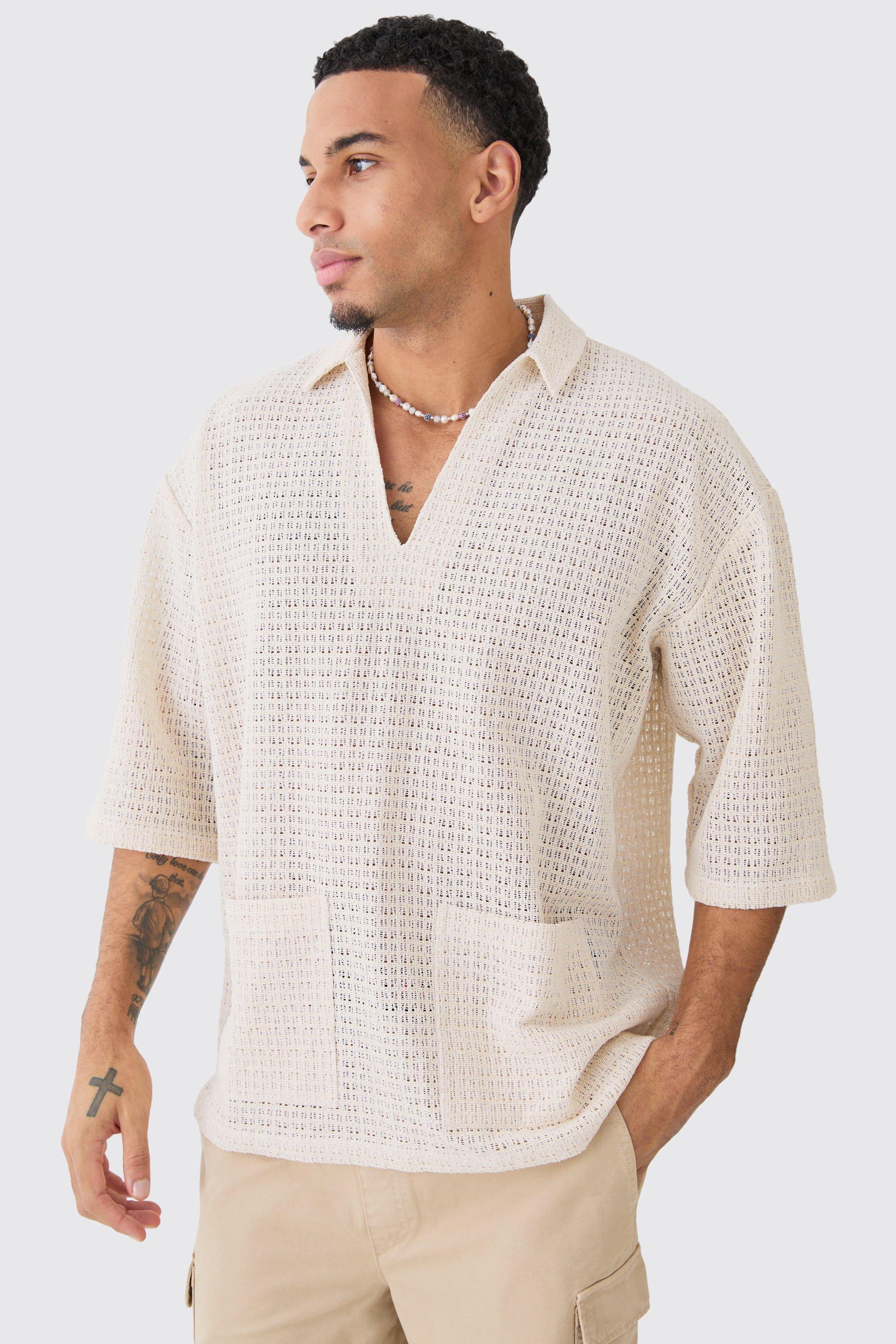 Open Weave Overhead V Neck Shirt | boohooMAN USA Product Image