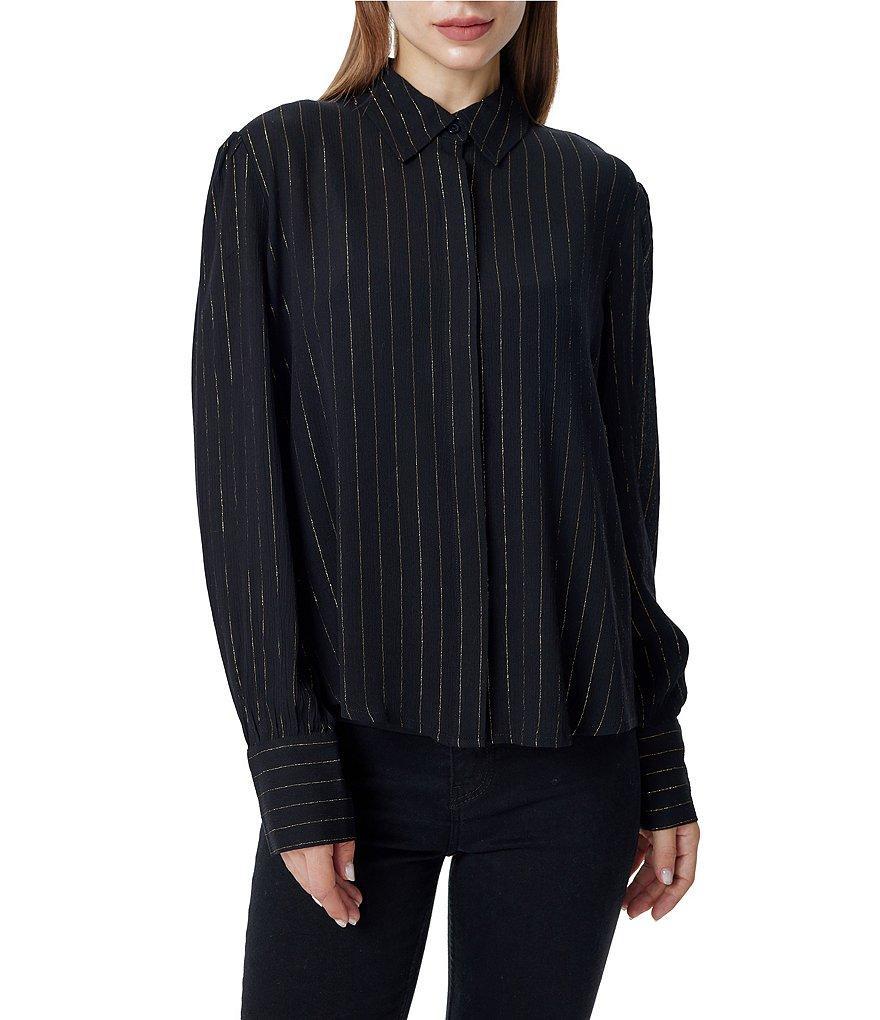 Greige Woven Striped Collared Long Sleeve Top product image