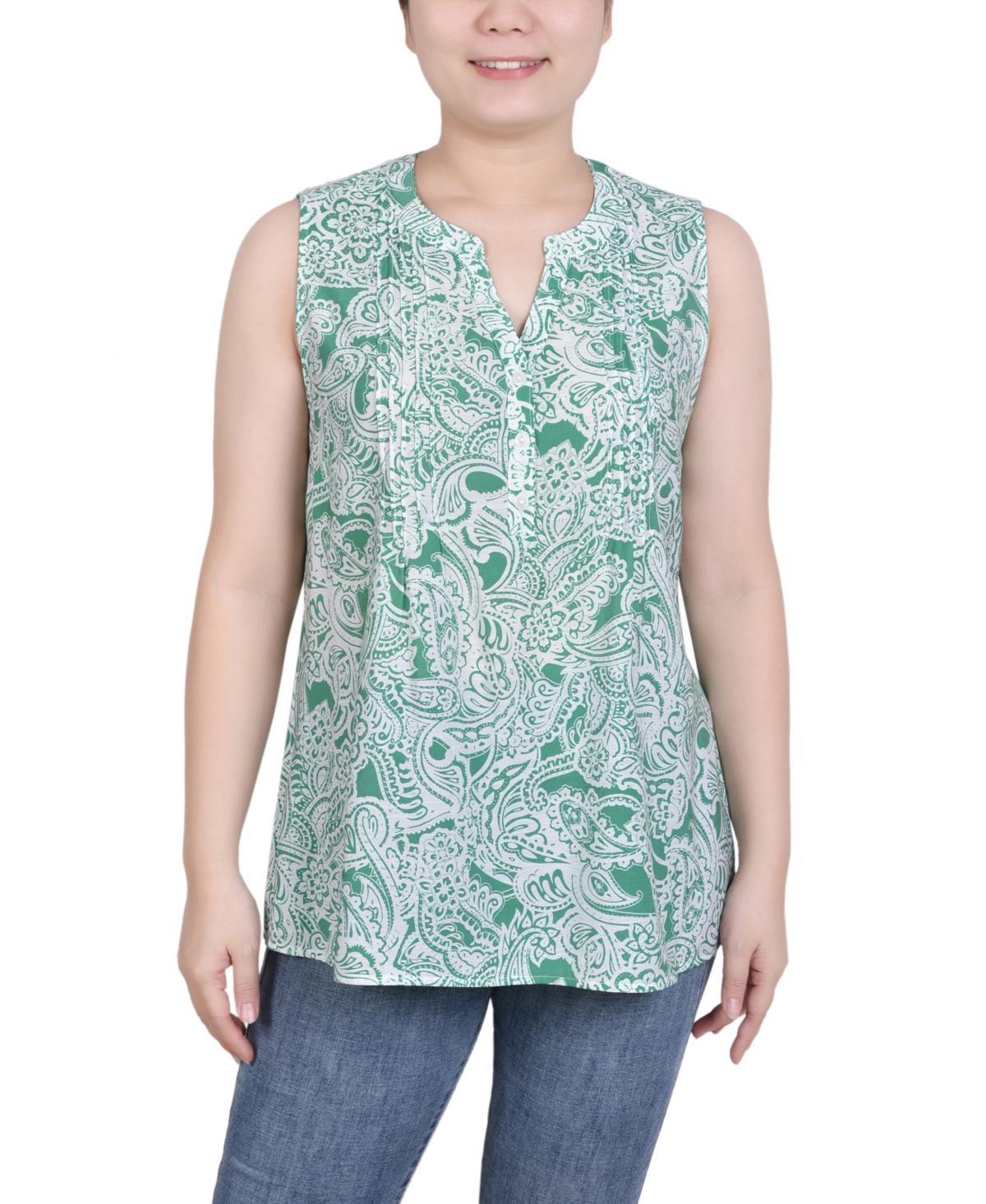 Ny Collection Petite Sleeveless Printed Pintucked Blouse Product Image