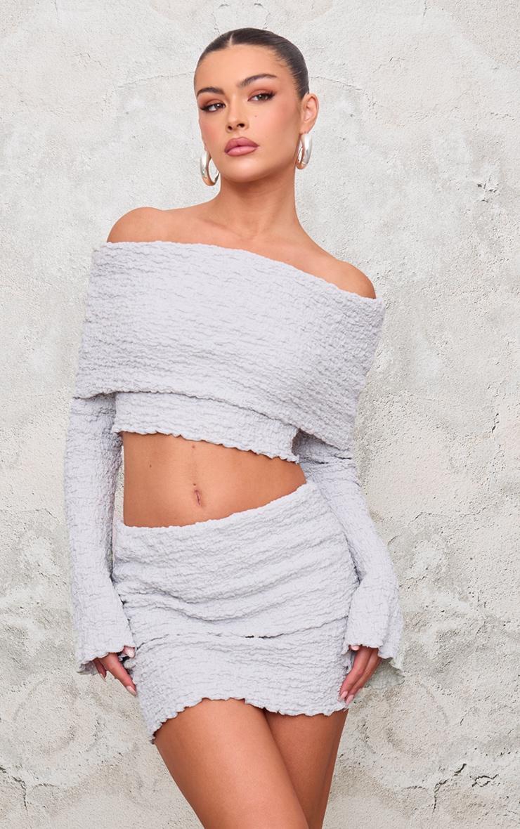 Light Grey Textured Fold Over Long Sleeve Top Product Image