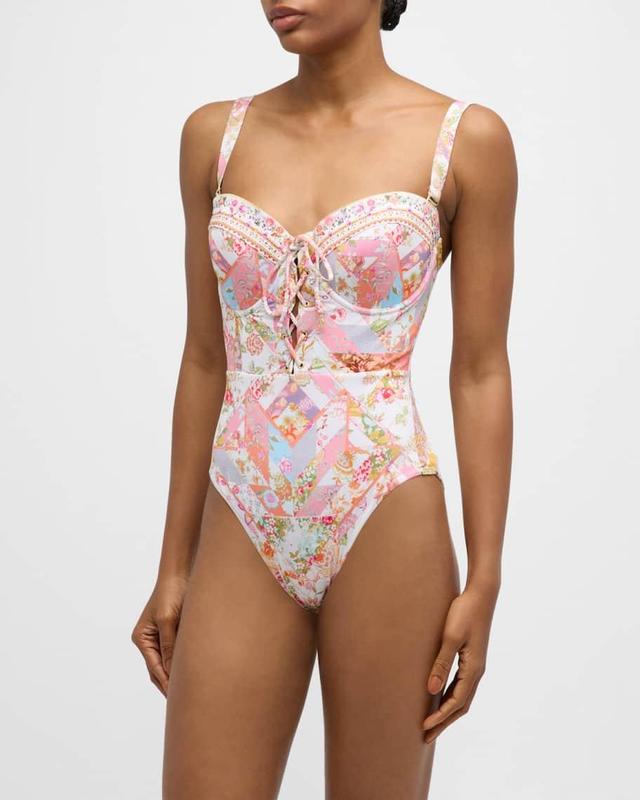 Sew Yesterday Lace Up Balconette One-Piece Swimsuit  Product Image