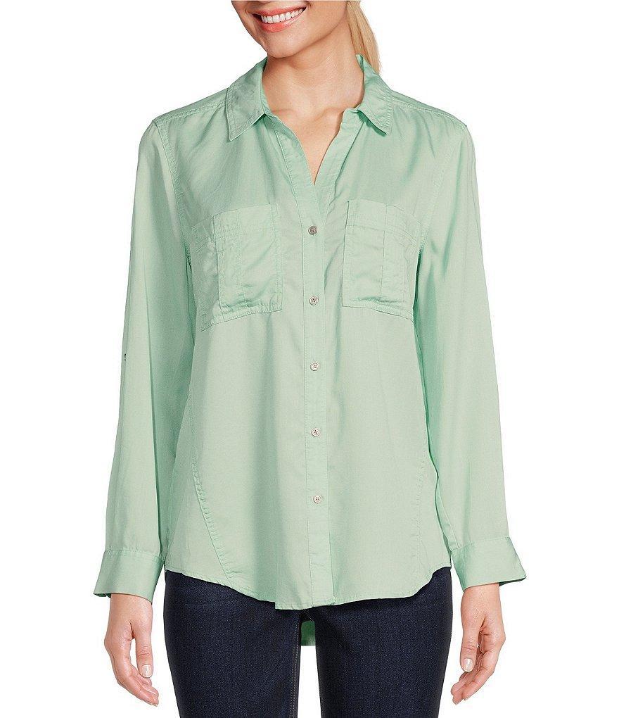 Westbound Woven Long Roll-Tab Sleeve Point Collar Y-Neck Button Front Shirt Product Image