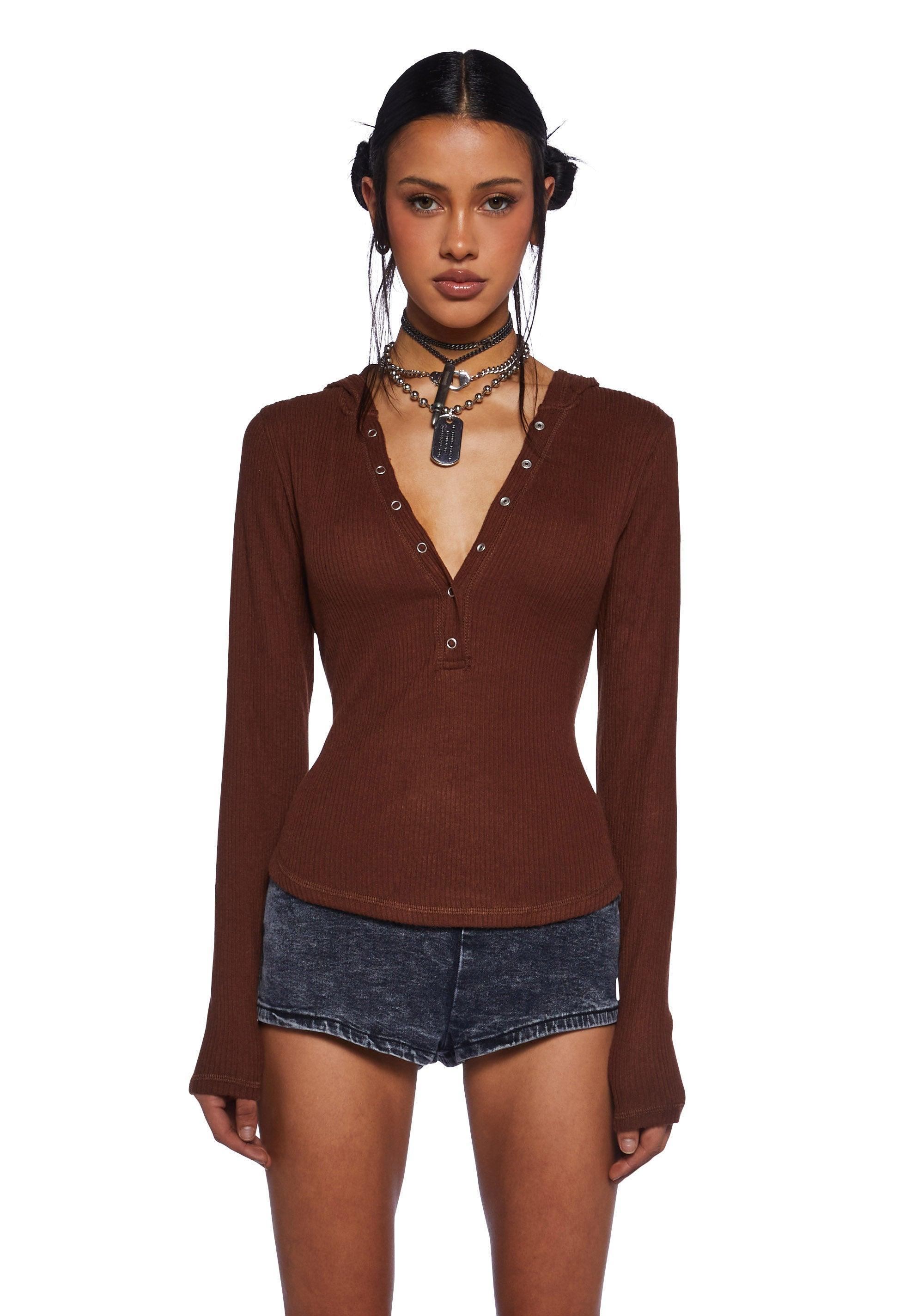 Woman's Basic Henley Ribbed Knit Hooded Long Sleeve Top - Brown Product Image