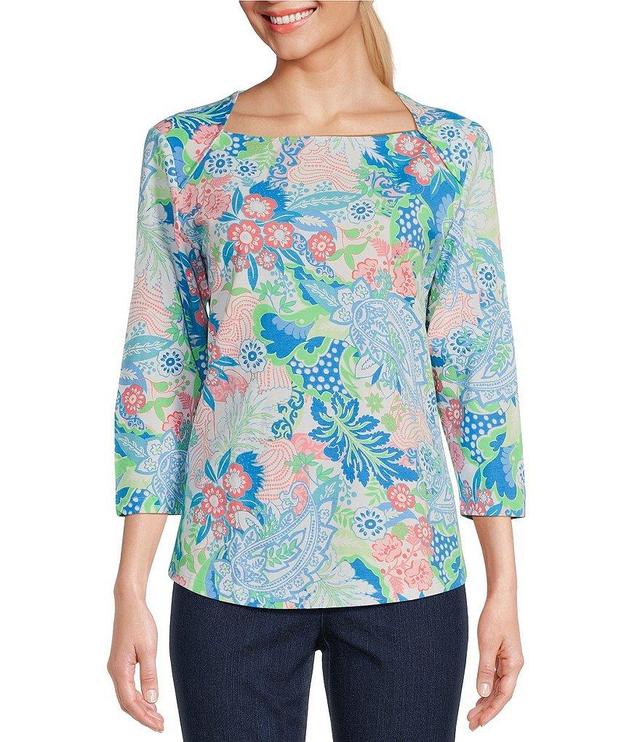 Ruby Rd. Paisley Floral Print Knit Square Neck 3/4 Sleeve Top Product Image