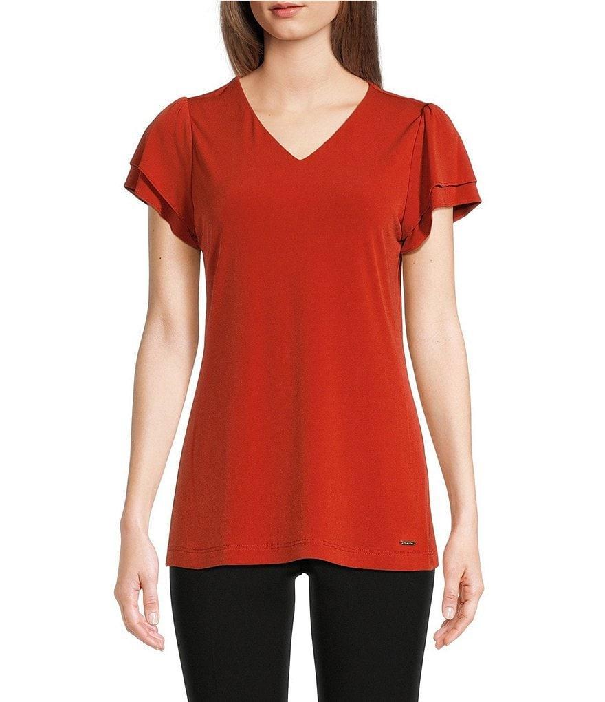 Calvin Klein Stretch V Neckline Short Double Tier Sleeve Top Product Image