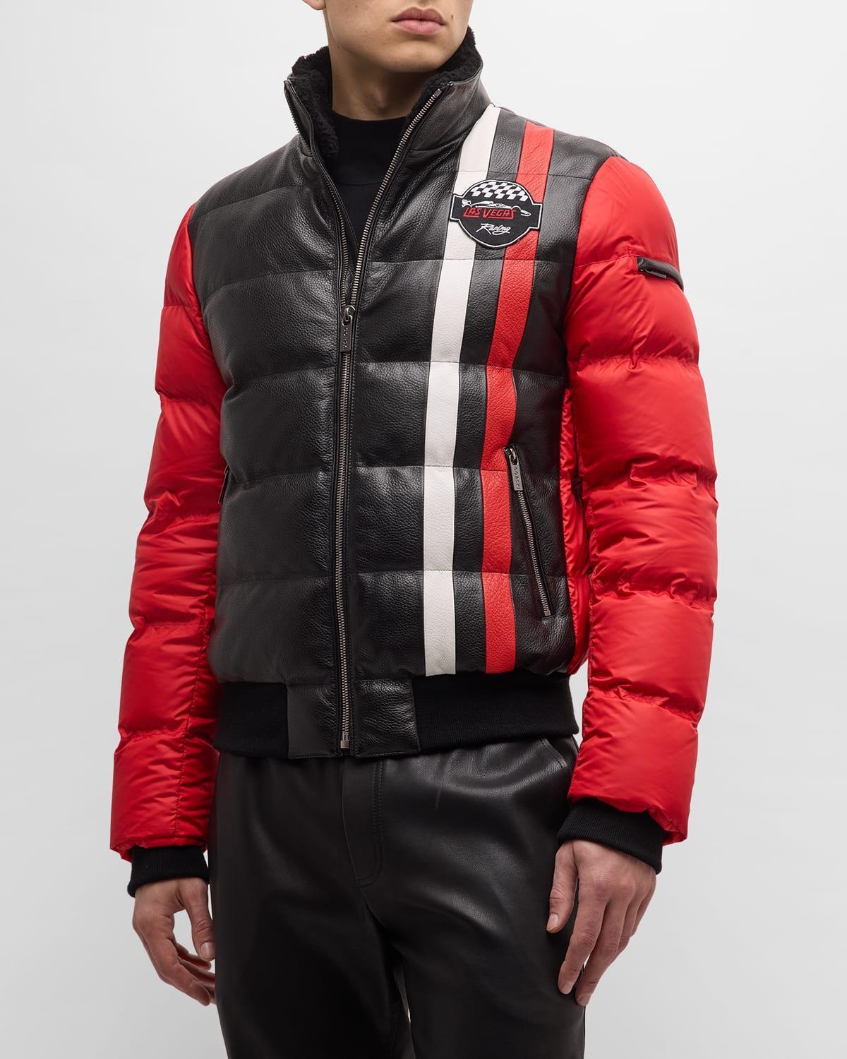 Mens Lamb Shearling-Trim Leather Racing Puffer Jacket Product Image