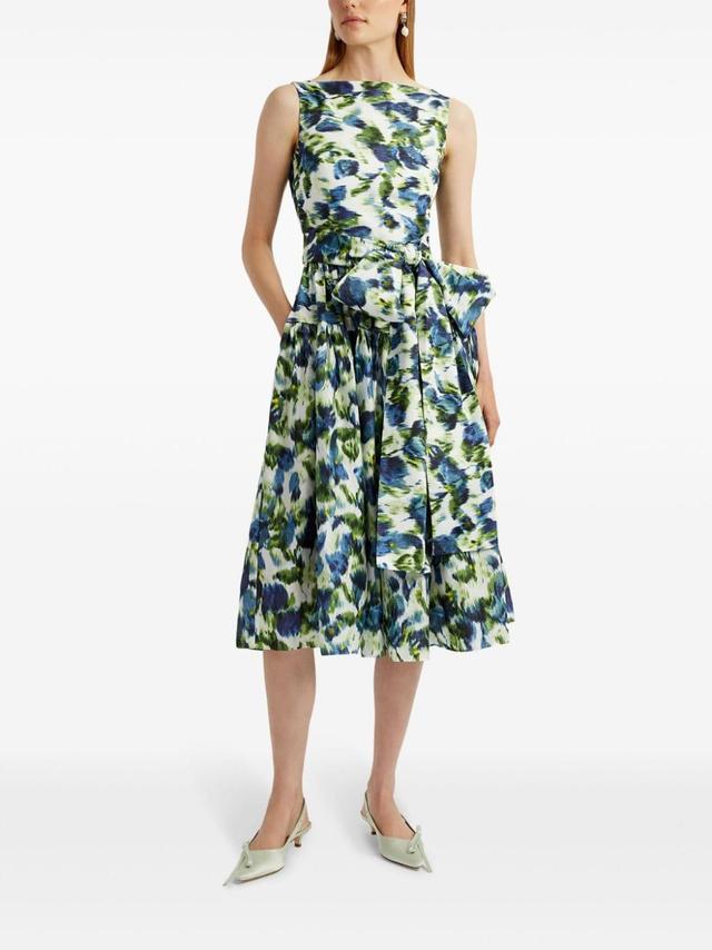 Floral Abstract Print Bow Midi Dress In White Product Image