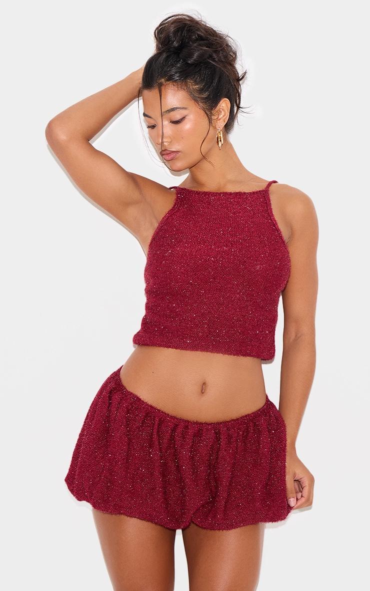 Wine Tinsel Knit Detail Cami Crop Top Product Image