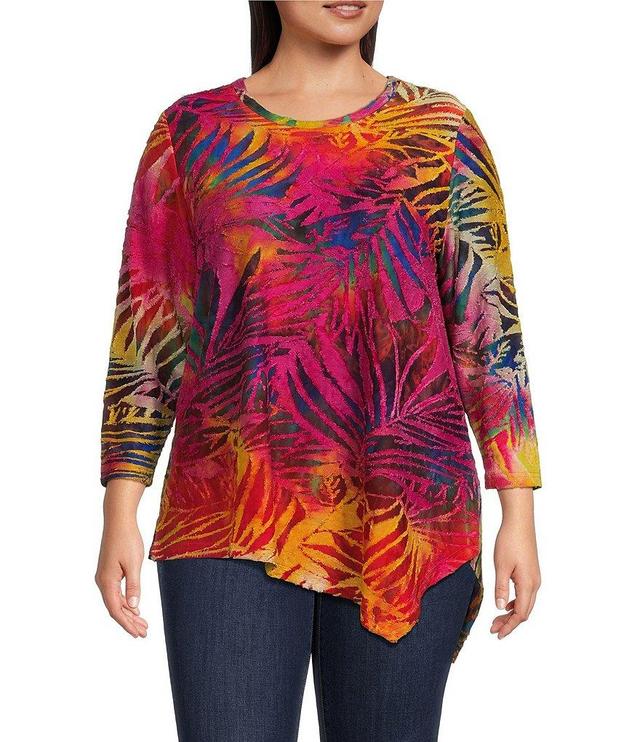 Calessa Plus Size Crew Neck Long Sleeve Asymmetric Hem Burnout Tie-Dye Blouse Product Image