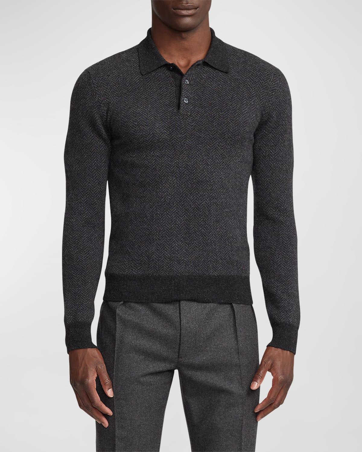 Mens Herringbone Cashmere Polo-Collar Sweater Product Image