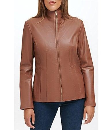 Cole Haan Single Breasted Wing Collar Long Sleeve Genuine Lambskin Leather Moto Jacket Product Image