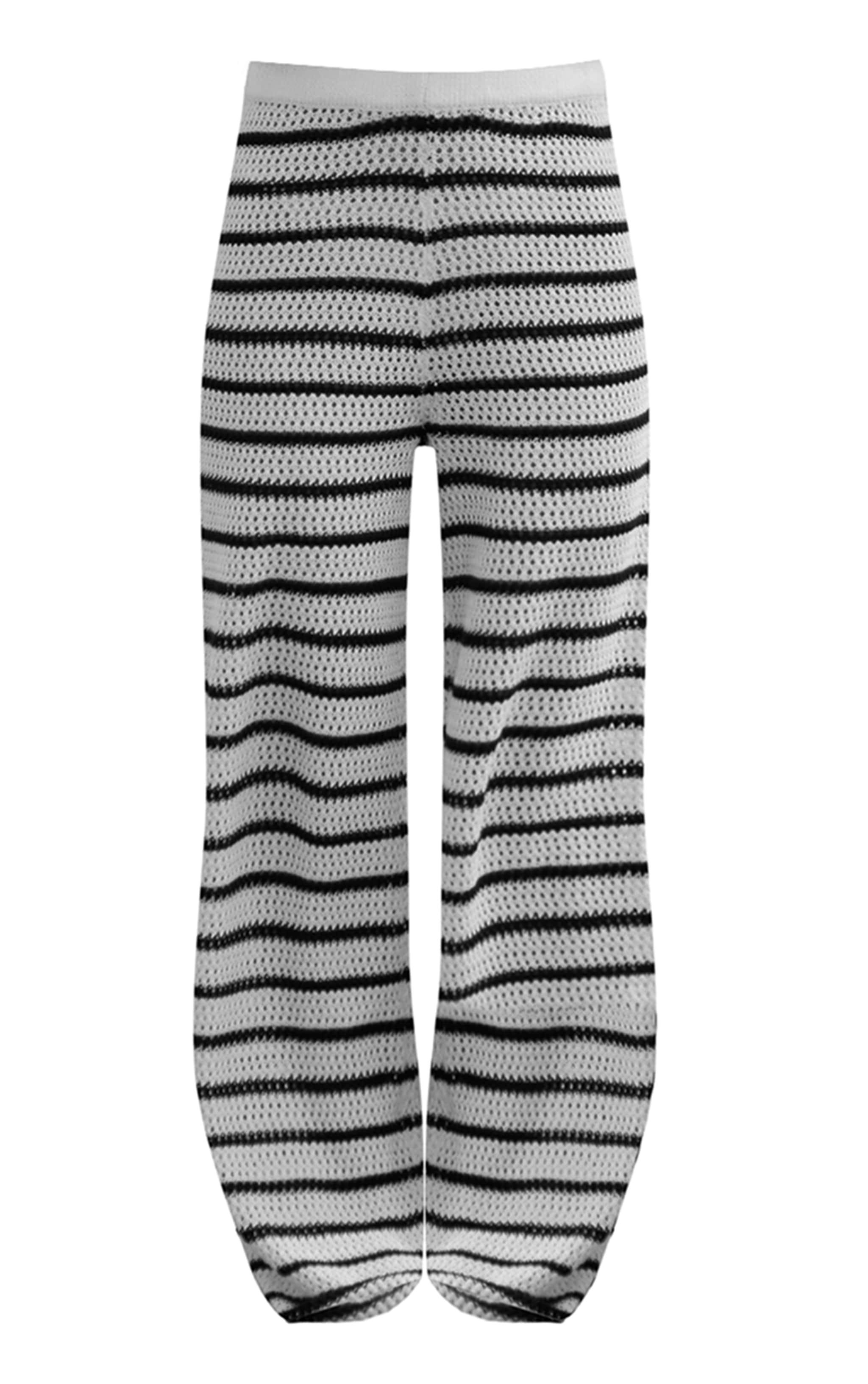 Monochrome Stripe Crochet Knit Wide Leg Pants Product Image