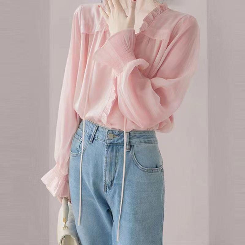 Long-Sleeve V-Neck Plain Frill Trim Blouse Product Image