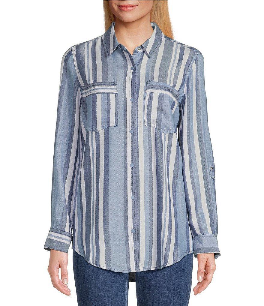 Intro Lyocell Yarn Dye Indigo Stripe Point Collar Roll-Tab Sleeve Snap-Front Shirt Product Image