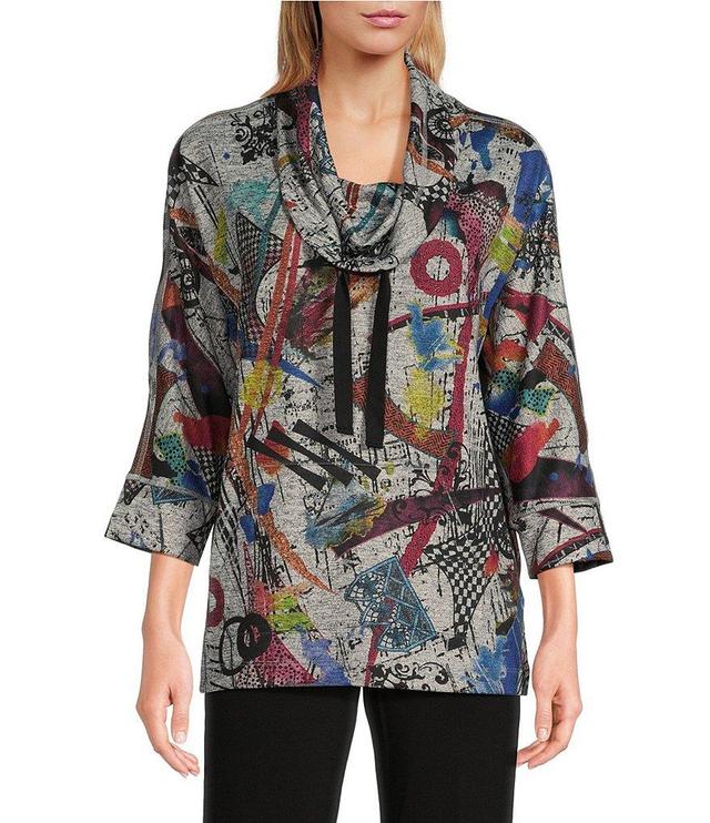 Ali Miles Stretch Knit Abstract Print Cowl Neck 3/4 Sleeve Front Pouch Pocket Popover Tunic Product Image