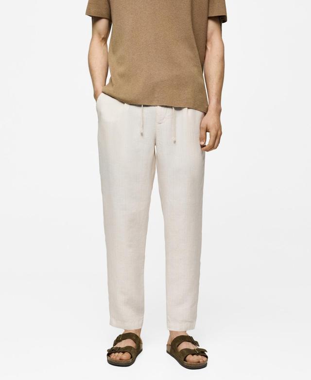 MANGO MAN - 100% linen striped pants with drawstring off whiteMen Product Image