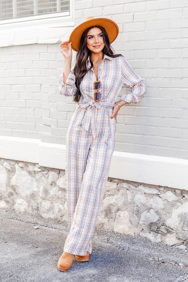 I'm Telling You Beige Plaid Long Sleeve Belted Jumpsuit FINAL SALE Product Image