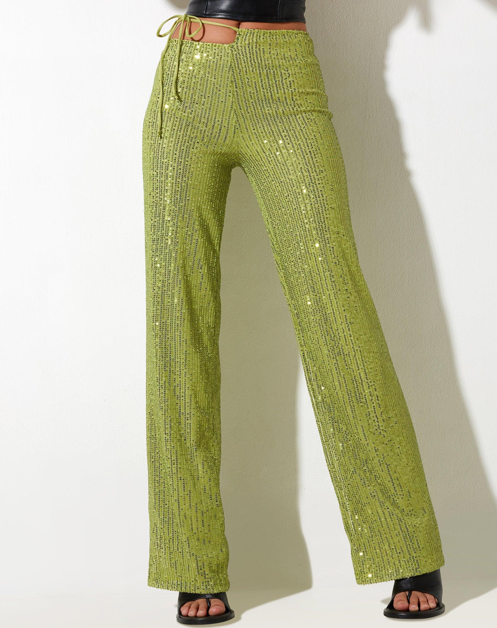 Sanju Trouser in Drape Sequin Lime Green Product Image