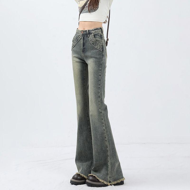 High Rise Washed Fringed Hem Flared Jeans Product Image