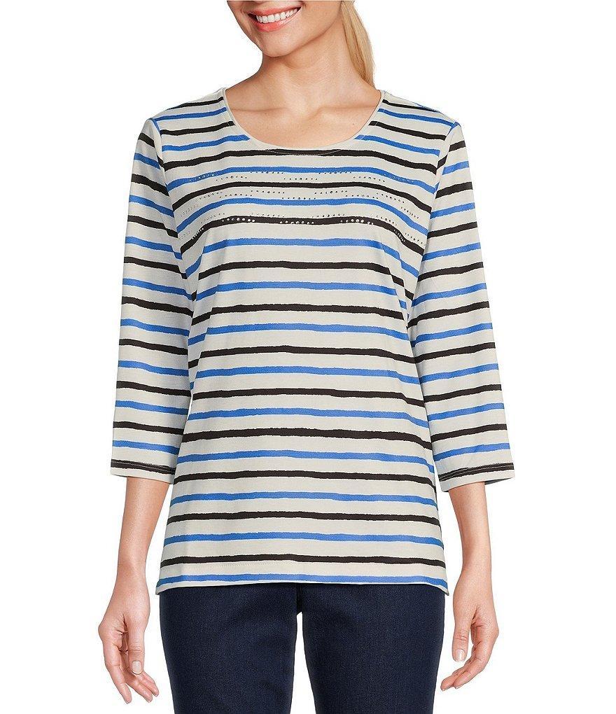 Allison Daley Embellished Stripe Print 3/4 Sleeve Scoop Neck Knit Top product image