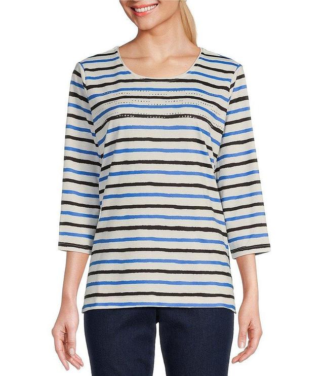 Allison Daley Embellished Stripe Print 3/4 Sleeve Scoop Neck Knit Top Product Image