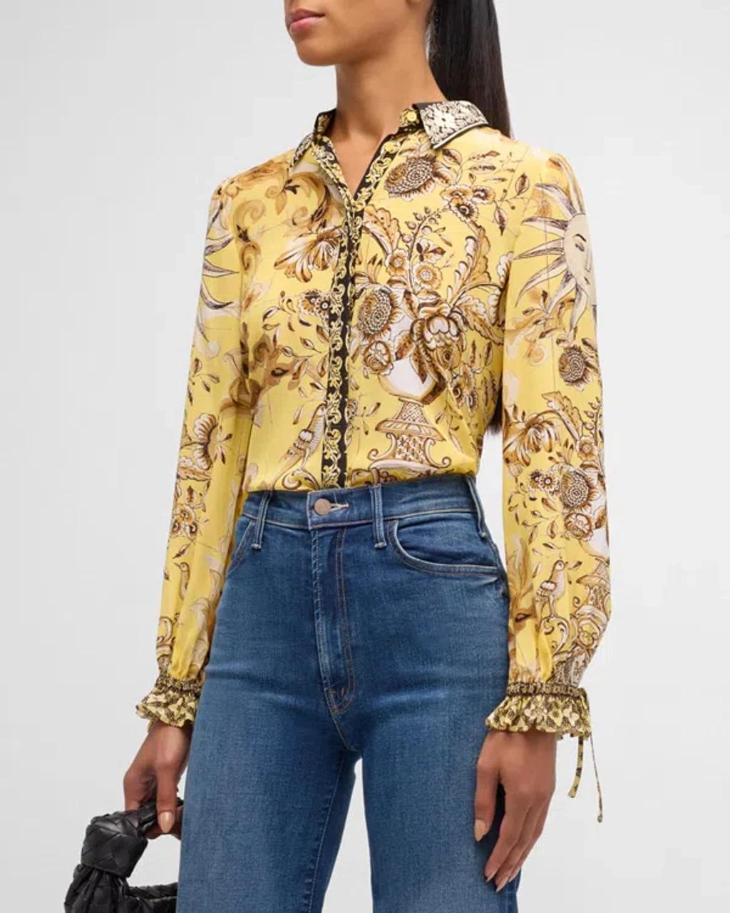 ALICE AND OLIVIA Willa Printed Crepe Tie-sleeve Blouse In Lisboa Lemon Meringue Product Image