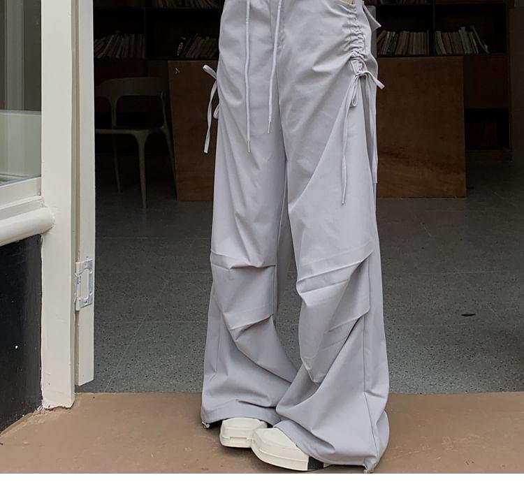 Drawstring Waist Plain Wide Leg Cargo Pants Product Image