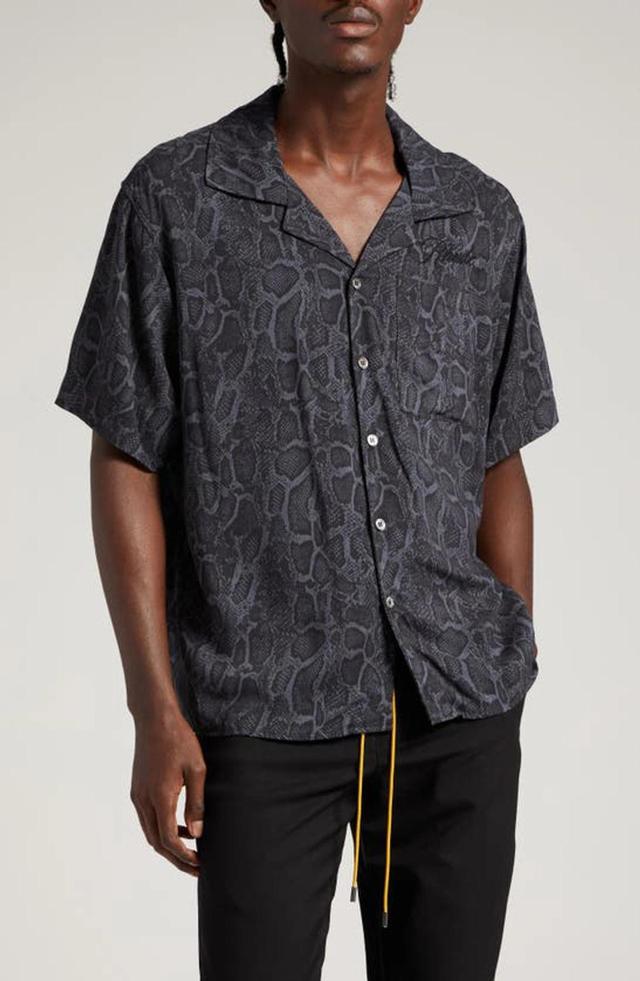 RHUDE Snakeskin Print Short Sleeve Camp Shirt In Black Product Image