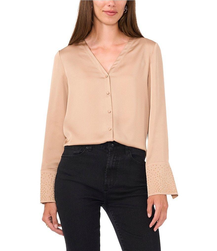 Vince Camuto Woven V-Neck Button Front Long Sleeve Gem Detail Blouse Product Image