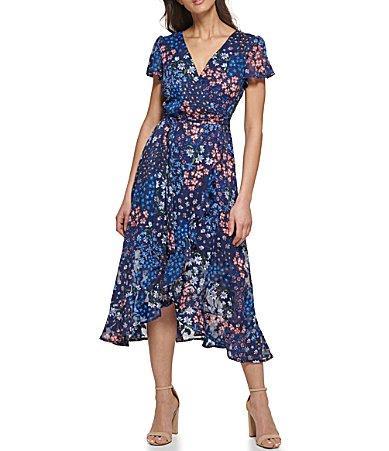 Kensie Womens Floral Print Belted Tulip Hem Dress - Navy Product Image