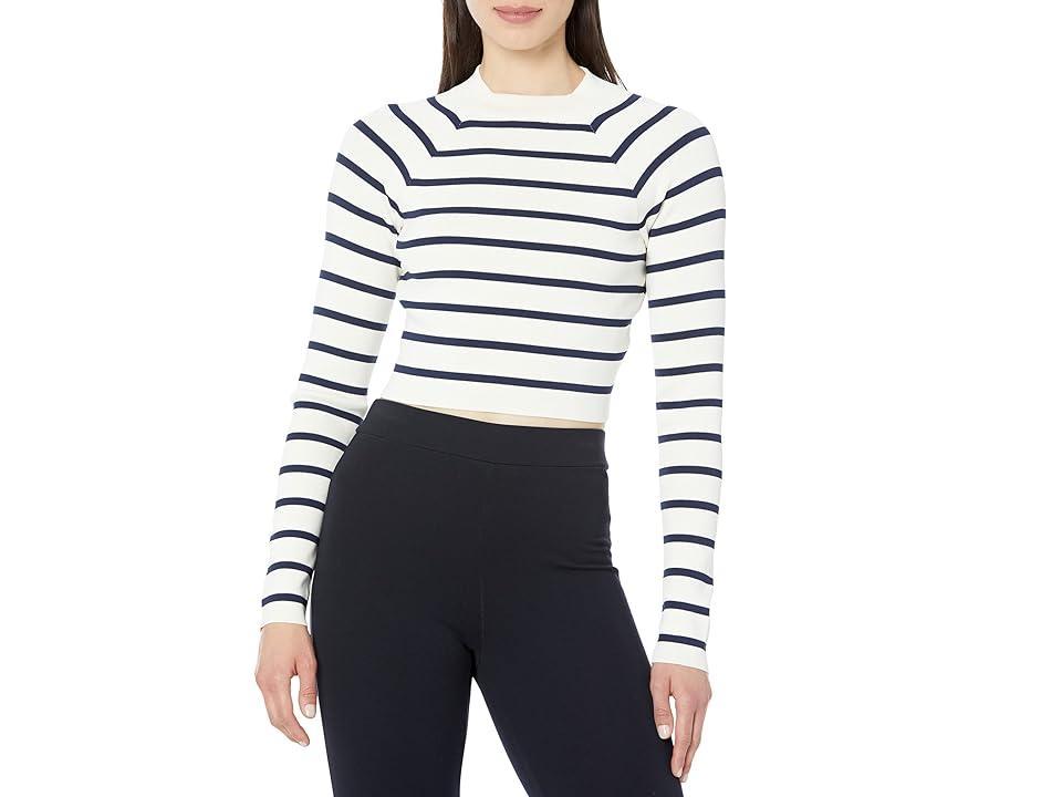 LAUREN Ralph Lauren Striped Cropped Mock Neck Sweater (Mascarpone Cream/French Navy) Women's Clothing Product Image