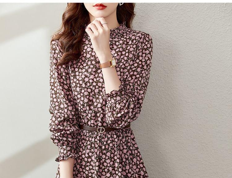 High Neck Long Sleeve Floral Print Midi A-Line Dress Product Image