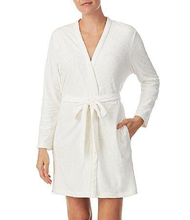 kate spade new york Embossed Floral Plush Long Sleeve Tie-Front Short Wrap Cozy Robe Product Image