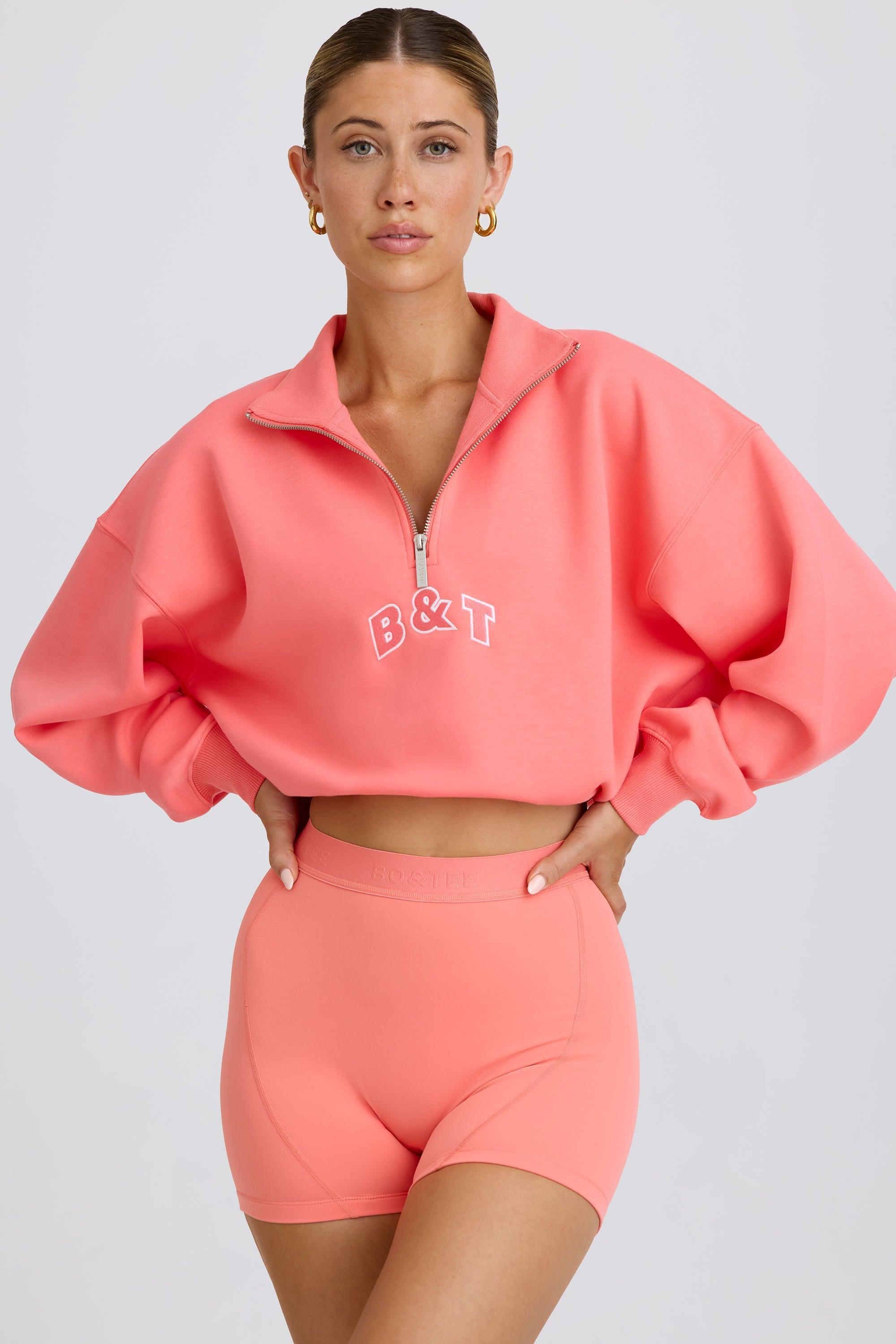 Quarter-Zip Cropped Sweatshirt in Coral Product Image