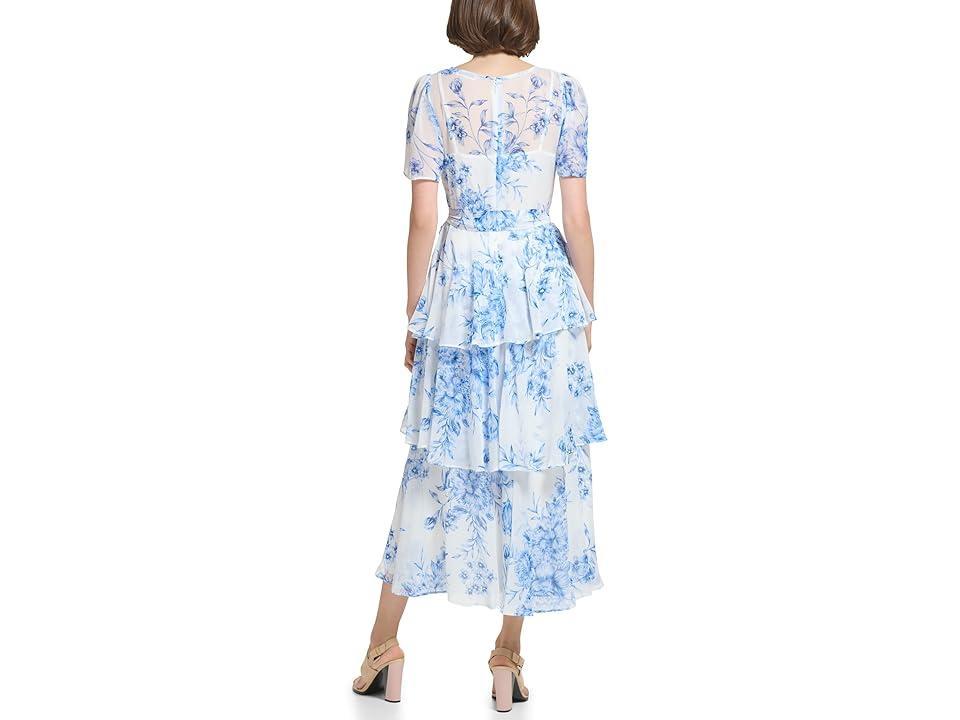 Calvin Klein Midi Chiffon Dress with Pleated Skirt (Chambray Multi) Women's Dress Product Image