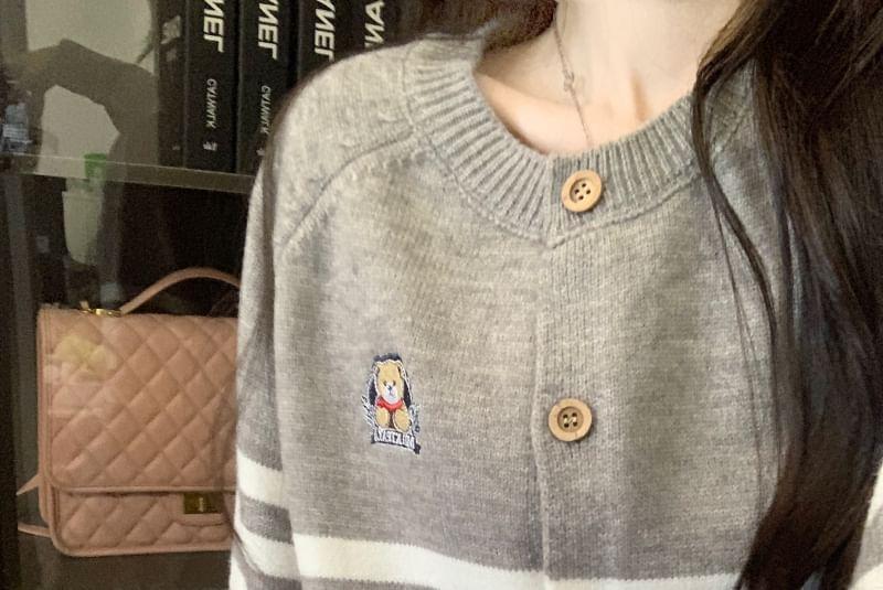 Bear-Embroidered Striped Crew-Neck Cardigan Product Image