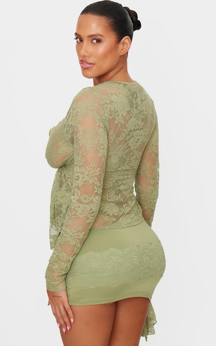 Shape Olive Lace Tie Split Front Long Sleeve Top Product Image